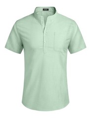 Men’s Casual Cotton Linen Henley Shirts Beach with Pocket Light Green L