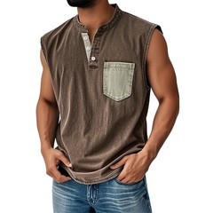 Men Sleeveless Beach Shirts Summer Hawaiian Shirts Casual Button Henley Tank Top