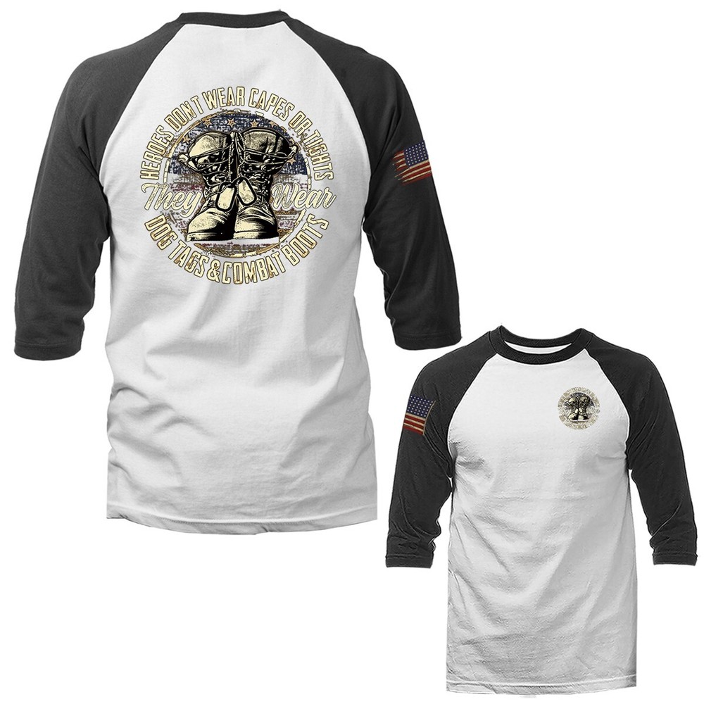 Heros Don’t Wear Capes or Tights Veteran Military Patriot 3/4 Sleeve Raglan Tee