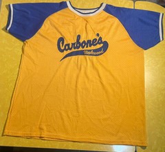 Vintage Carbone’s Pizza MN L Blue Yellow Softball Baseball Team Jersey #5 2Tone