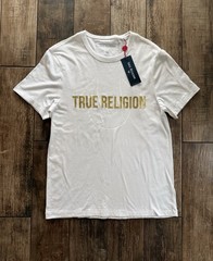 True Religion Med Shirt Men Large White Optic Tee Gold Metallic Logo Print NWT
