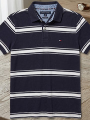 Tommy Hilfiger Men’s Striped Pique Polo Shirt Navy Blue White Short Sleeve Size