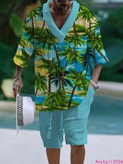 Beach Loose Print V-neck Mens Knitted Short-sleeved Short-shorts Set Casual 2pcs