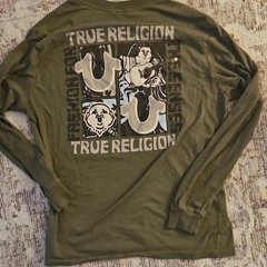 True Religion Men’s Green Long Sleeve Crew Neck Cotton Logo Graphic Tee L