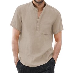 Men’s Cotton Linen Short Sleeve Casual Shirt Breathable Summer T-shirt Tee Gift