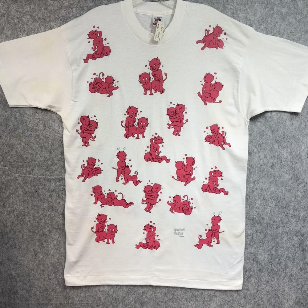 Vtg Fashion Victim Shirt Mens L Devil Sex Positions Fruit of the Loom AOP 90s