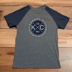 Kansas City KC Graphic Tee Camp David Large Gray Blue Raglan Shirt Unisex