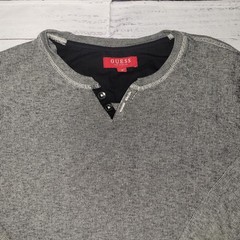 Guess Henley Shirt Mens Medium Gray Black Thermal Waffle Knit Long Sleeve FLAW