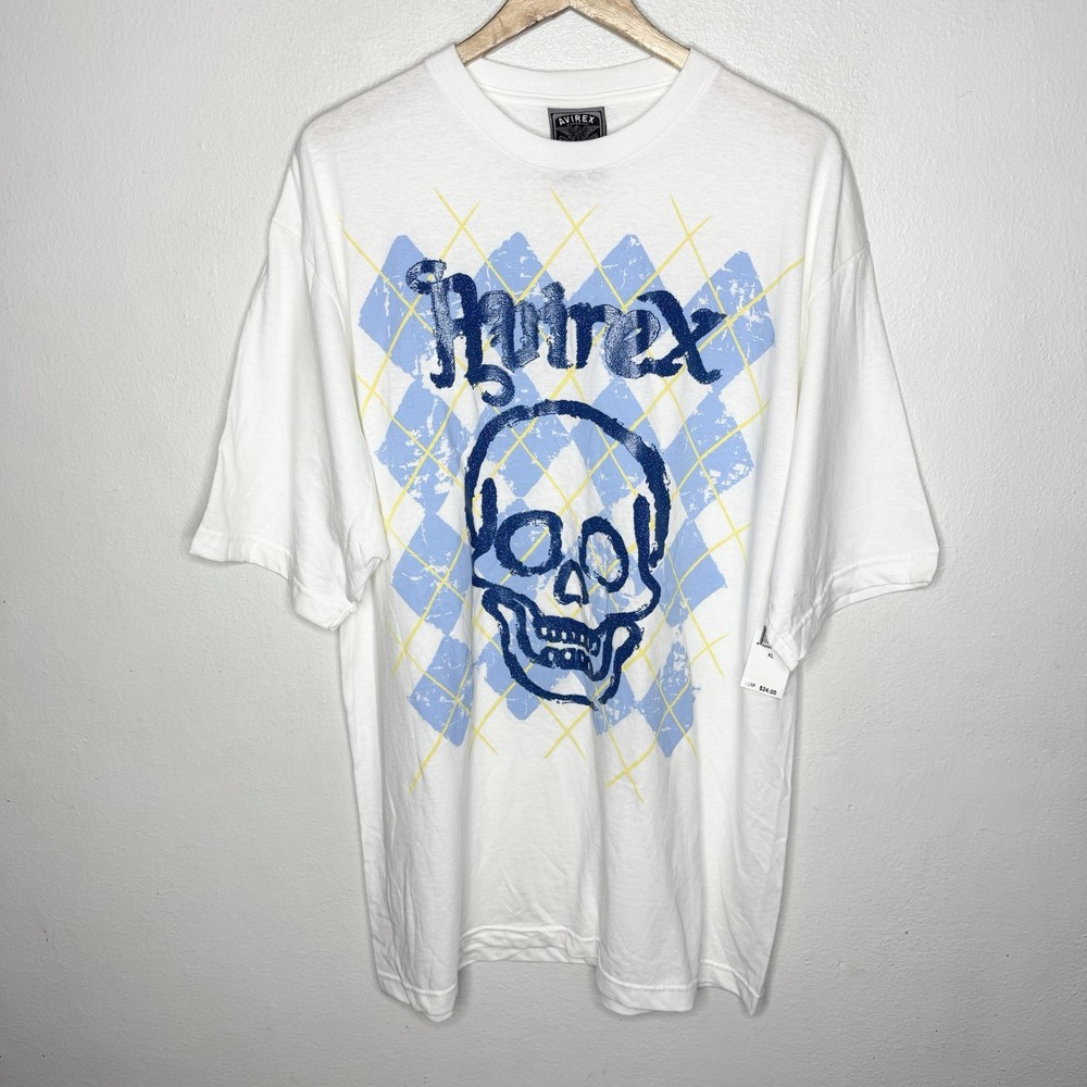 New Y2K Avirex Blue Skull T-Shirt Men’s XL Argyle Diamond Graphic Yellow READ