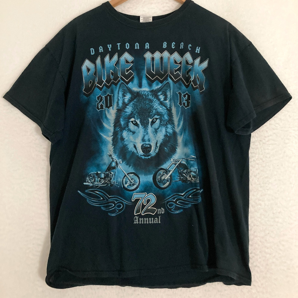 Gildan Bike Week 2013 Daytona Beach Shirt Mens XL Biker Blue Flames Wolf