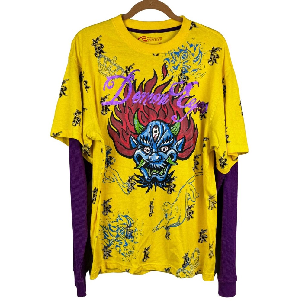 Request T-Shirt Mens Vibrant Yellow Crew Layered Demon Eyes XL Y2K Retro