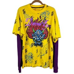 Request T-Shirt Mens Vibrant Yellow Crew Layered Demon Eyes XL Y2K Retro