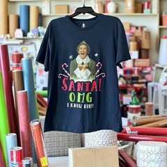 Elf Movie Santas Coming OMG I know Him Short Sleeve Crew Blue Shirt Size Large L