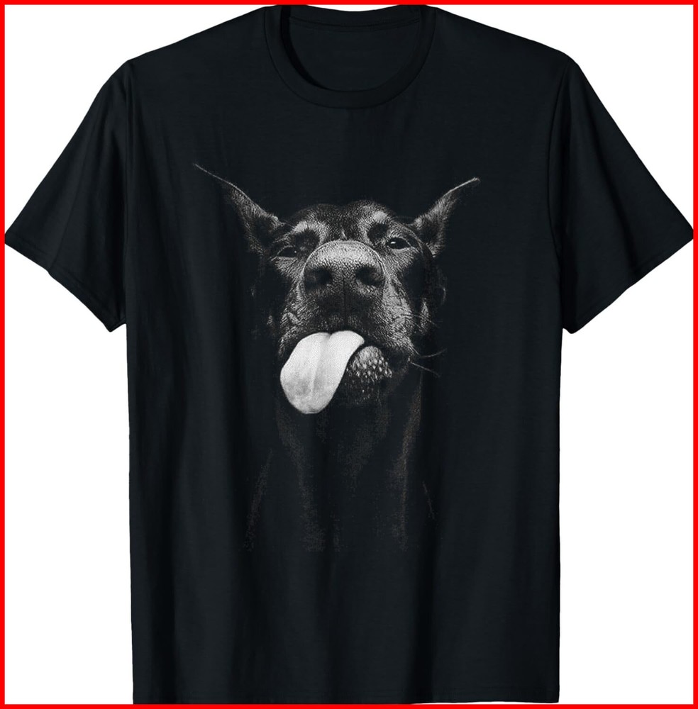Cool Doberman Sticking Tongue Out in Playful Defiance black T-Shirt S-5XL