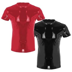 Shiny Faux Leather Mens T Shirt Top For Clubwear In Wet Look PVC for material