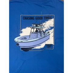 Columbia PFG Mens XL Blue Chasing Good Times Fishing Boat Graphic T-Shirt Cotton