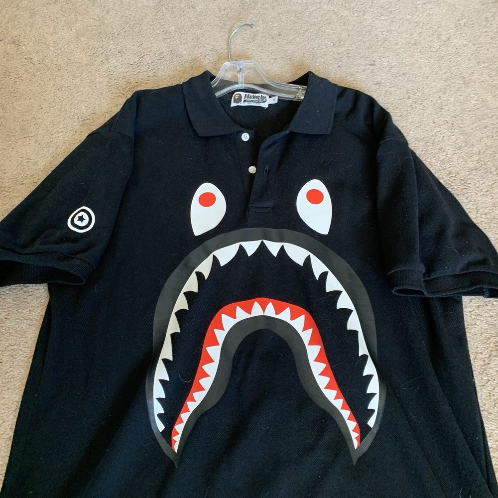Mens BAPE AUTHENTIC A Bathing Ape Shark Print Black Polo Shirt – XL USA SELLER
