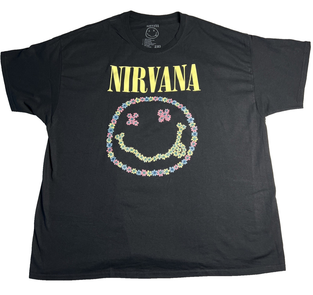 Nirvana Floral Smiley Face Logo Graphic Print Black 2022 T Shirt Mens Size 2XL