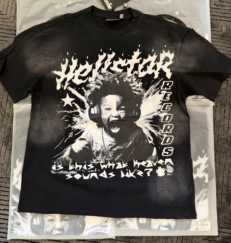 Hellstar Records Graphic Logo T-Shirt Black Cotton Jersey Crew Neck SS Mens M