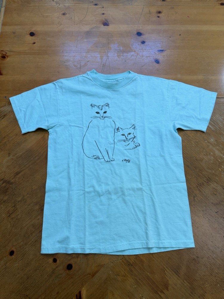 Vintage Cat Minimalist Drawn 1989 80s Simple Shirt Mens Size Large Fits M