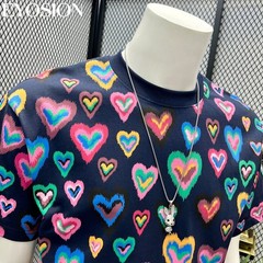 Men Heart Print Short Sleeve T-Shirt Casual Retro Round Neck Summer Cotton Tee