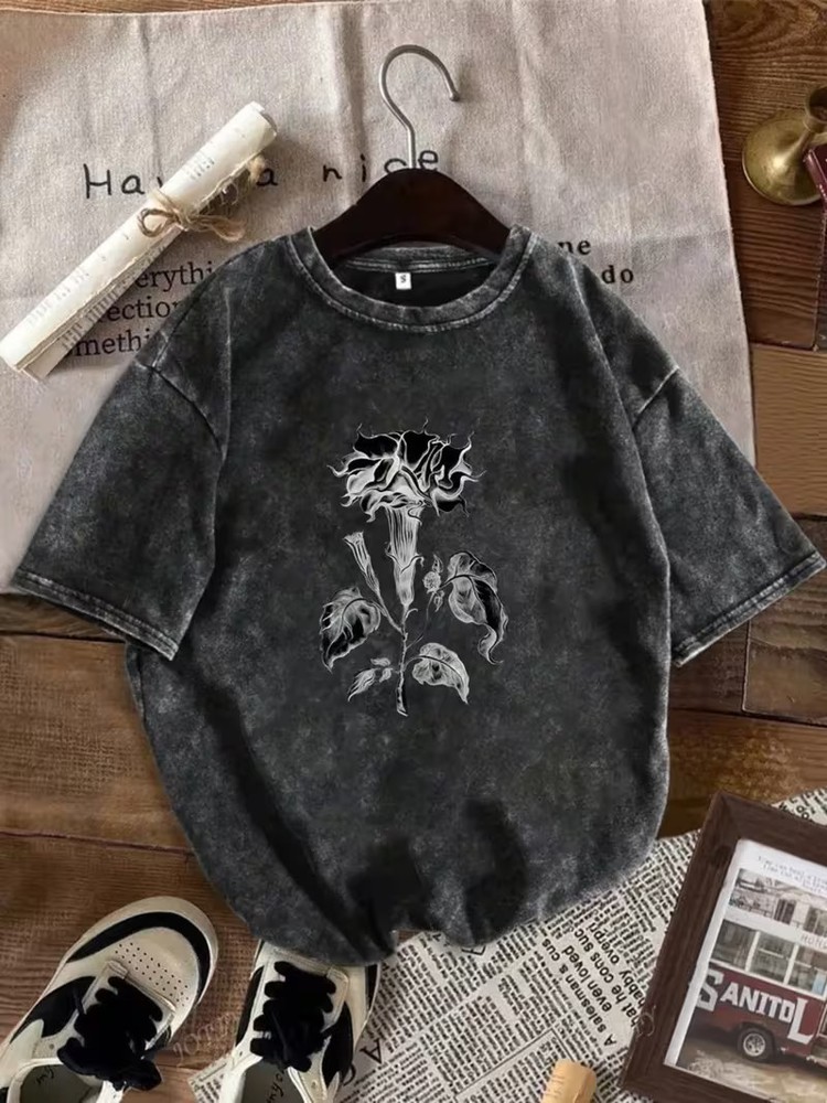 210g Men’s Washed Distressed Cotton Short-sleeved T-shirt American Retro Loose F