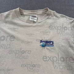 Vintage 90s Discovery Channel T-shirt All Over Print TV Promo Tan Mens Large
