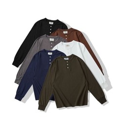 Mens Basic Style Heavyweight Solid Color Long Sleeve Henry Collar Casual T-shirt