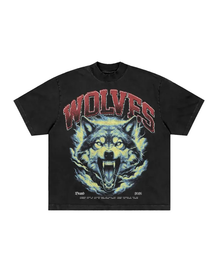 Men’s Vintage Washed Graphic T-Shirt Wolf Face Print Gothic Streetwear Tee