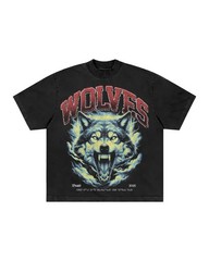 Men’s Vintage Washed Graphic T-Shirt Wolf Face Print Gothic Streetwear Tee