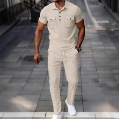 Mens 2 Piece Waffle Knit Polo Tracksuit Set Casual Summer Shirt Pants Outfit