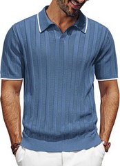 Mens V-Neck Knit Polo Shirt Textured Lightweight Breathable Summer Casual Top