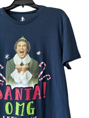 Elf Movie Santas Coming OMG I know Him Short Sleeve Crew Blue Shirt Size Large L