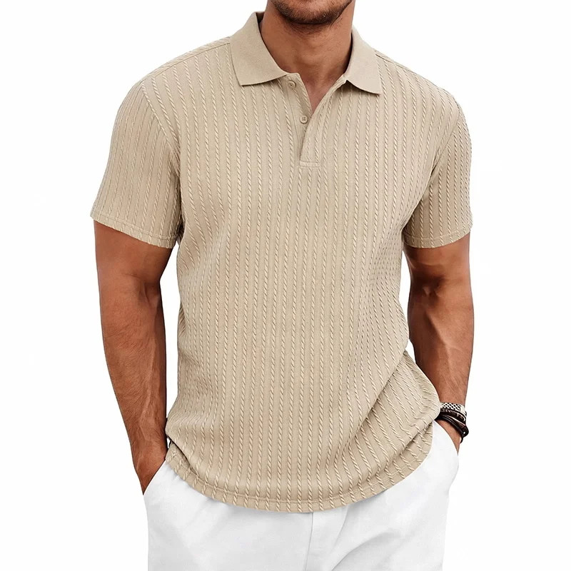 Men’s knitted textured simple short-sleeve polo shirt, casual golf business top,