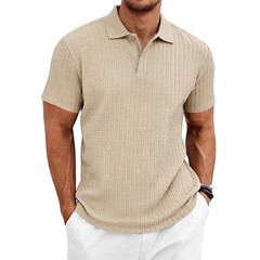 Men’s knitted textured simple short-sleeve polo shirt, casual golf business top,