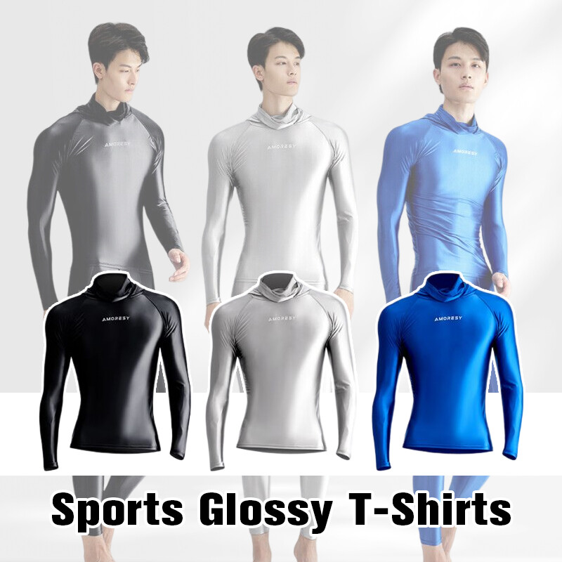 AMORESY Men Glossy Hooded T-shirt Sunscreen High Neck Long Sleeve Running Shirts