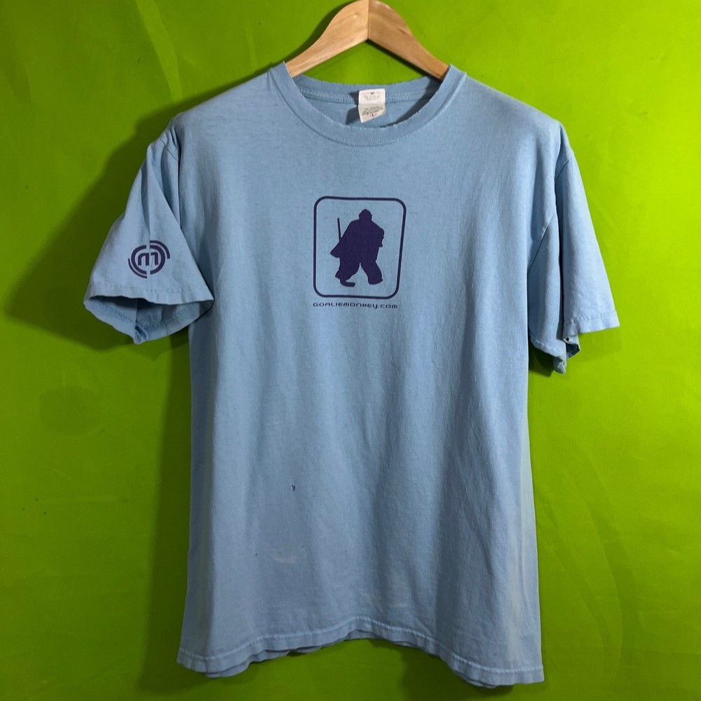 Anvil Goalie Monkey Hockey Graphic T-Shirt Mens Large Light Blue Short Sleeve