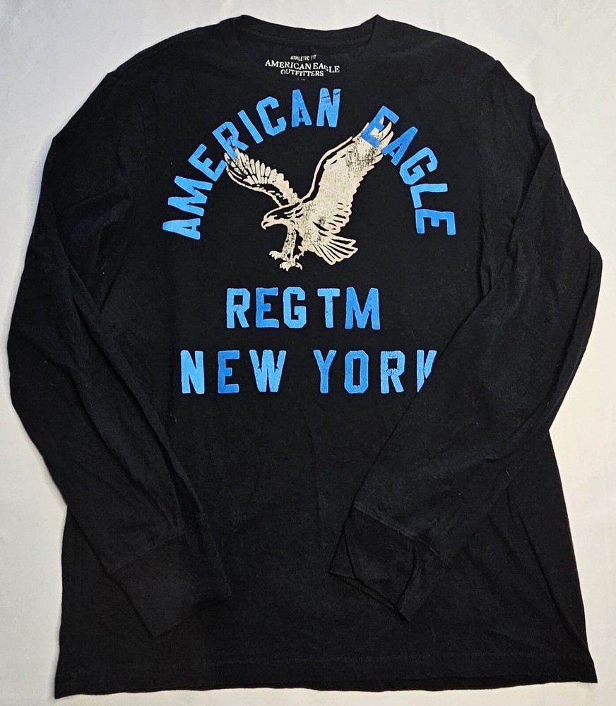 Mens American Eagle Long Sleeve Navy Tee Shirt w Large Logo Size Large – EUC