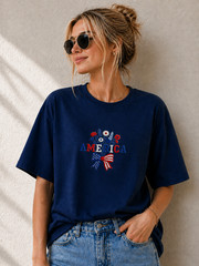 250th Anniversary USA Embroidered Tee, Floral Patriotic T-Shirt Vintage Style