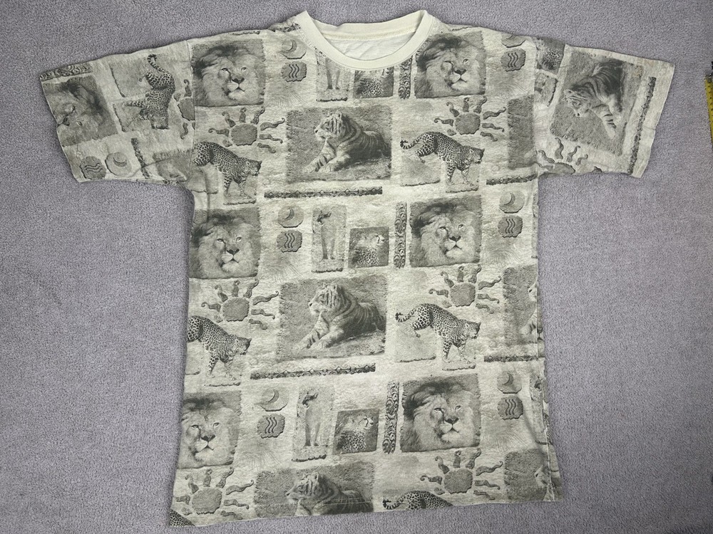 Vtg Big Cats All Over Print T-shirt XL 90s Lion Tiger Cheetah Leopard AOP