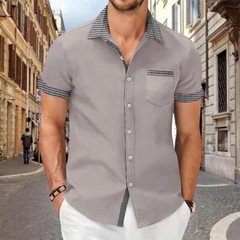 Camisa Con Botones Elegante De Manga Corta Para Hombres Sólida Cuello Levantado