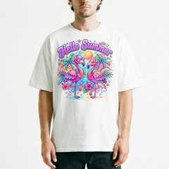Hello Summer Tropical Flamingo T-Shirt Retro Neon Beach Vacation Holiday Tee