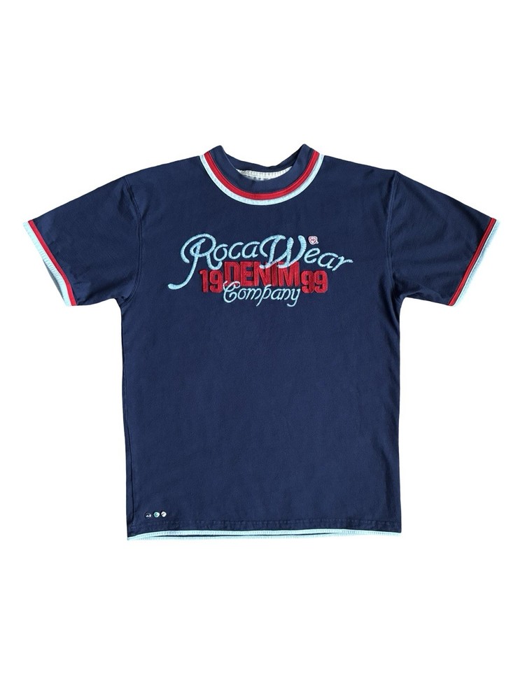Vintage Y2K Rocawear Embroidered Graphic Short Sleeved Ringer T-Shirt Size L
