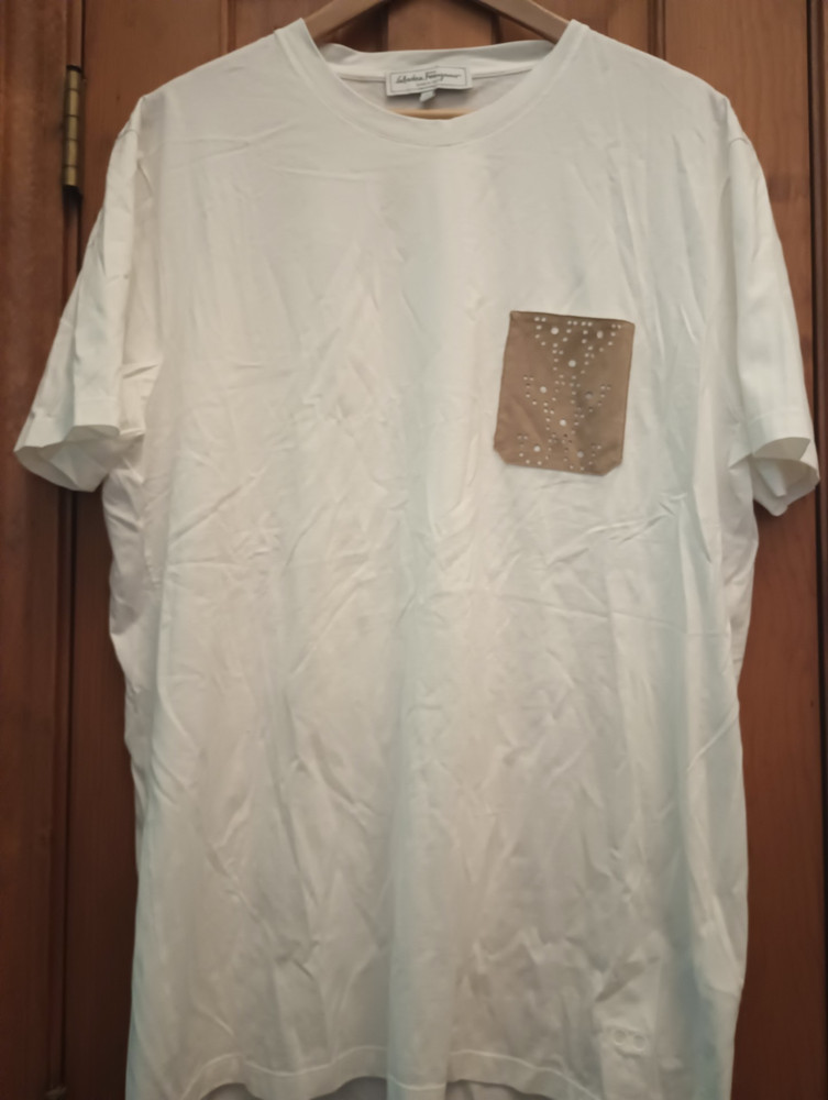 Salvatore Ferragamo- WHITE TSHIRT W/TAN SUEDE POCKET- XLARGE- NEVER WORN- ITALY