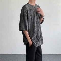 Men Retro Thin Short Sleeve Shirt Ripped Hollow Blouse American Style Tops Soft