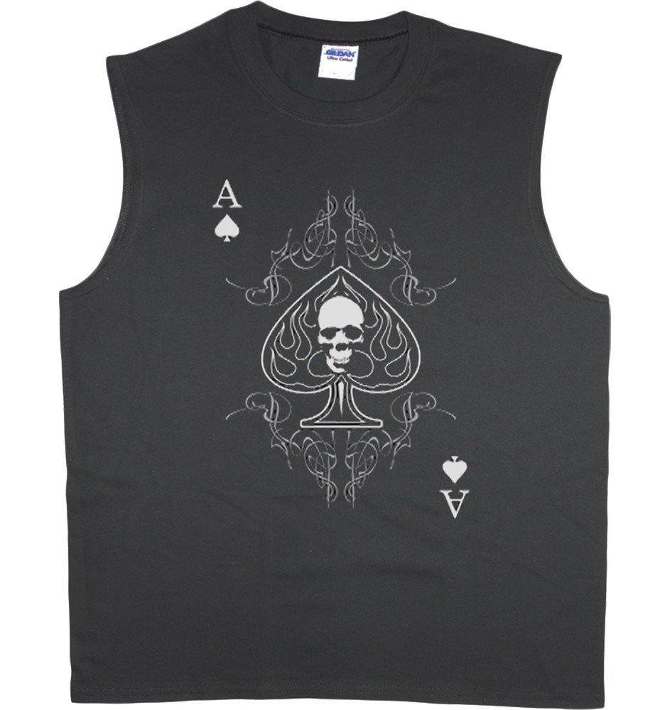 Men’s sleeveless t-shirt ace of spades skull biker design muscle tee tank top
