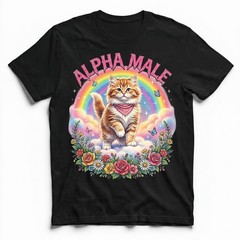Alphamale Cat Rainbow Flowers Cute Kitten T-Shirt Whimsical Fantasy Kitty Tee