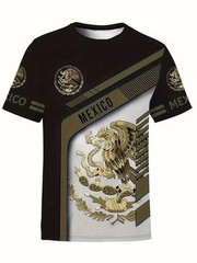 Mens Aztec Eagle Graphic T Shirt Gold Black Mexican Print Short Sleeve Tee