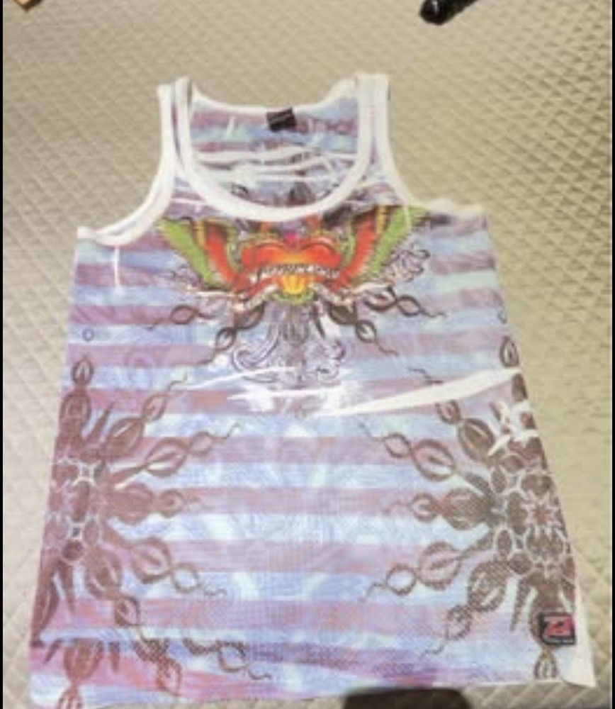 Vintage Pistol Pete Y2K Mesh Graphic Tank Top Men’s Med Tattoo Heart Sleeveless