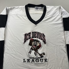 Vintage Looney Tunes Taz Hockey Jersey Shirt Mens Large White Ice Devils 90s